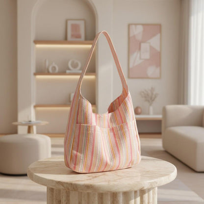 Pink Striped Shoulder Bag, Pastel Tote Purse for Women, Colorful Everyday Handbag, Casual Summer Bag