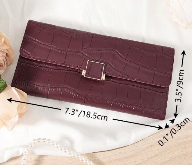 Burgundy Croc Embossed Wallet, Long Womens Wallet, Flap Purse with Metal Clasp