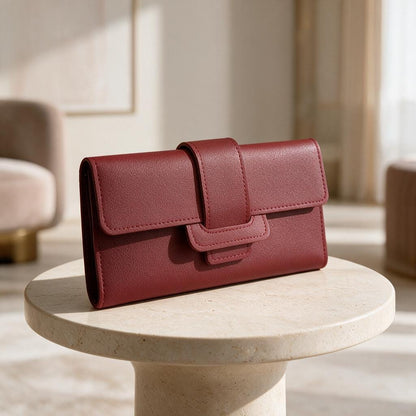 Burgundy Long Wallet, Womens Flap Wallet, Minimalist Red Purse