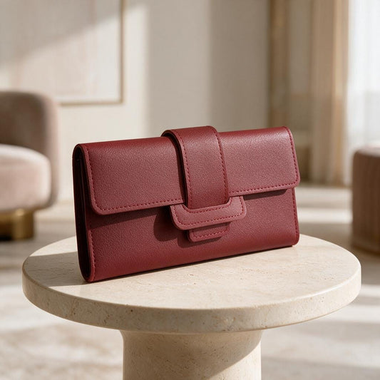 Burgundy Long Wallet, Womens Flap Wallet, Minimalist Red Purse