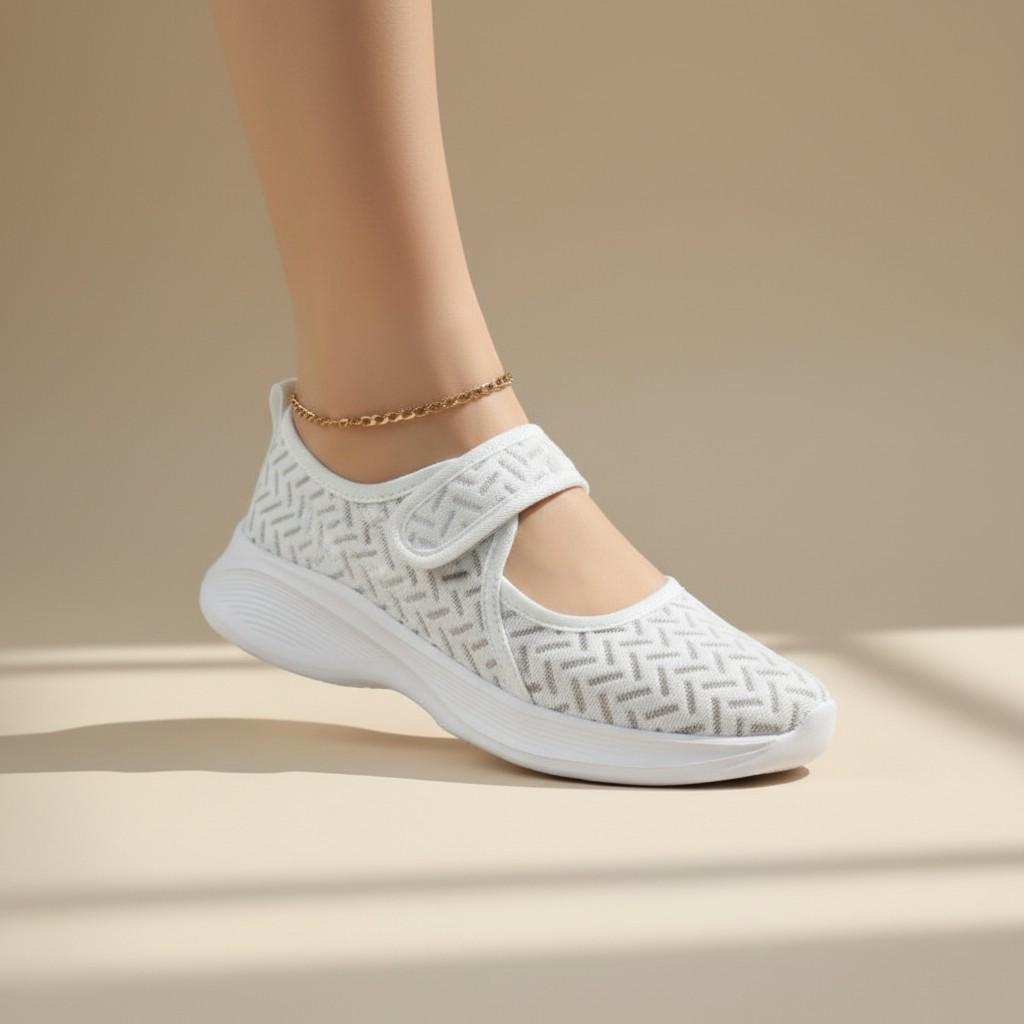 White Mesh Mary Jane Sneakers for Women, Lightweight Casual Shoes, Summer Walking Footwear