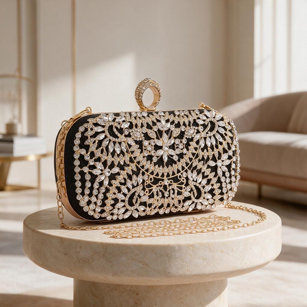 Black Crystal Clutch Bag, Rhinestone Evening Purse, Floral Bridal Bag, Wedding Clutch with Gold Chain, Sparkly Formal Bag
