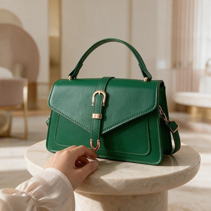 Green Top Handle Handbag, Structured Flap Purse, Emerald Crossbody Bag, Gold Buckle Shoulder Bag, Elegant Everyday Purse