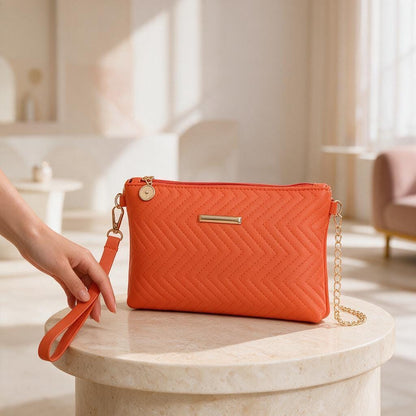 Orange Quilted Crossbody Bag, Chain Strap Purse, Small Orange Clutch, Wristlet Bag, Chevron Shoulder Bag, Evening Handbag