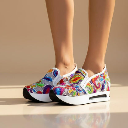 Colorful Paisley Sneakers, Women's Platform Slip On Shoes, Boho Wedge Sneakers