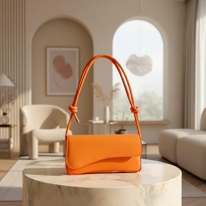 Orange Shoulder Bag, Knotted Strap Handbag, Flap Purse, Minimalist Underarm Bag, Trendy Everyday Shoulder Bag