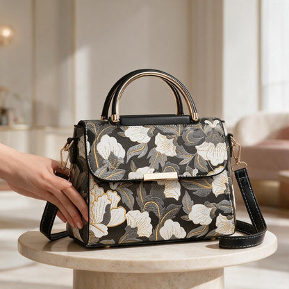 Black Floral Handbag, Structured Satchel Purse, White Flower Shoulder Bag, Top Handle Crossbody Bag, Elegant Women's Bag