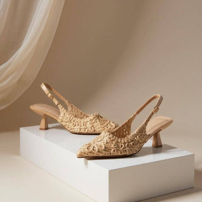 Beige Woven Slingback Heels, Pointed Toe Pumps, Embroidered Textured Dress Shoes