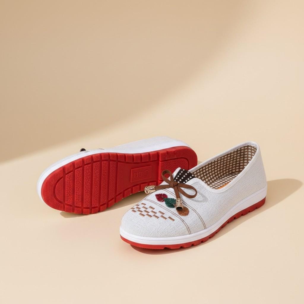 Embroidered Slip On Shoes for Women, Boho Floral Flats with Bow, Casual Summer Shoes