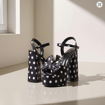Black Polka Dot Platform Heels, Bow High Heel Sandals, White Dot Chunky Heels, Women's Statement Shoes