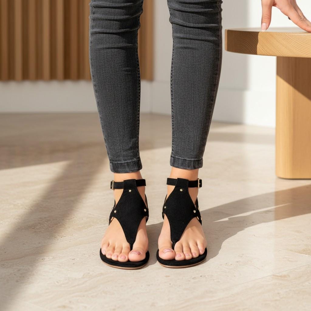 Black Gladiator Sandals for Women, T Strap Flat Sandals, Ankle Buckle Summer Shoes