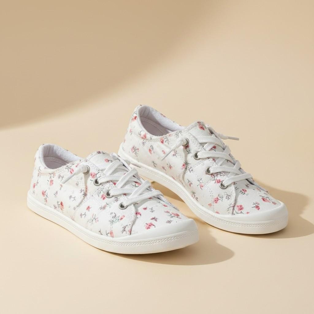 Floral Low Top Sneakers for Women, White Flower Print Shoes, Vintage Lace Up Casual Footwear