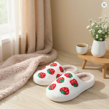 Strawberry Slippers, Cute Fuzzy House Shoes, Cozy Fruit Slippers