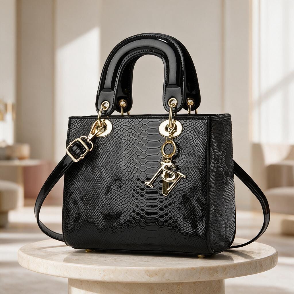 Black Snake Texture Handbag, Structured Satchel Purse, Glossy Shoulder Bag, Top Handle Crossbody Bag, Elegant Women's Bag