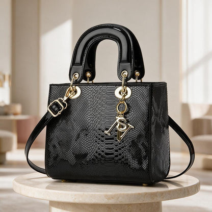 Black Snake Texture Handbag, Structured Satchel Purse, Glossy Shoulder Bag, Top Handle Crossbody Bag, Elegant Women's Bag