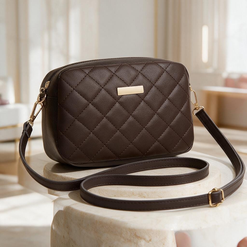 Brown Quilted Crossbody Bag, Diamond Stitch Purse, Small Shoulder Bag, Minimalist Brown Handbag, Gold Detail Everyday Bag