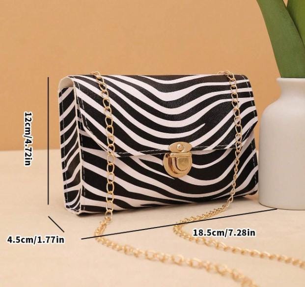 Zebra Print Shoulder Bag, Black White Chain Purse, Animal Print Flap Handbag, Zebra Crossbody Bag, Gold Chain Purse