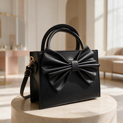 Black Bow Handbag, Structured Top Handle Purse, Large Bow Shoulder Bag, Elegant Womens Handbag, Feminine Crossbody Purse