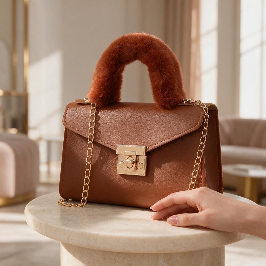 Brown Top Handle Bag, Faux Fur Handle Handbag, Cognac Shoulder Bag, Structured Purse, Chain Strap Handbag, Elegant Bag