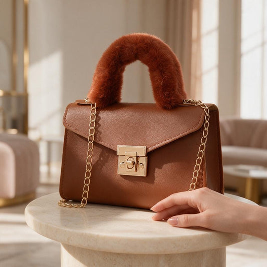 Brown Top Handle Bag, Faux Fur Handle Handbag, Cognac Shoulder Bag, Structured Purse, Chain Strap Handbag, Elegant Bag