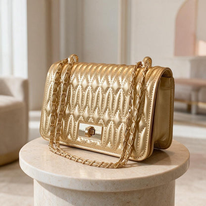 Gold Quilted Shoulder Bag, Metallic Chain Strap Purse, Elegant Flap Handbag, Champagne Gold Evening Bag, Glam Crossbody Purse
