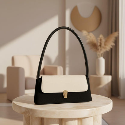 Black Baguette Bag, Two Tone Shoulder Purse, Women's Flap Handbag, Minimalist Top Handle Bag, Black Cream Purse