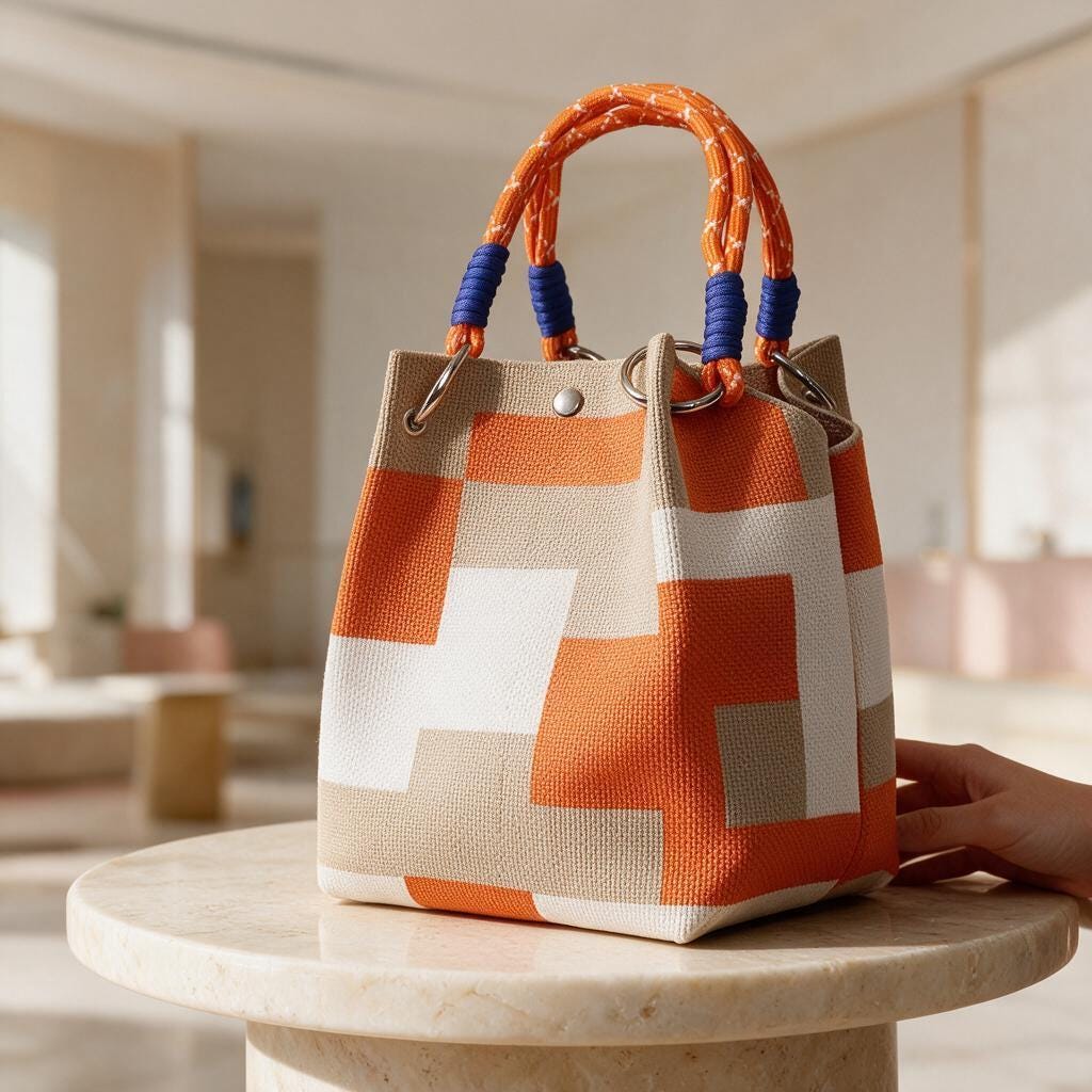 Geometric Tote Bag, Orange Beige Canvas Handbag, Woven Shoulder Bag, Color Block Purse, Rope Handle Bag, Everyday Summer Tote