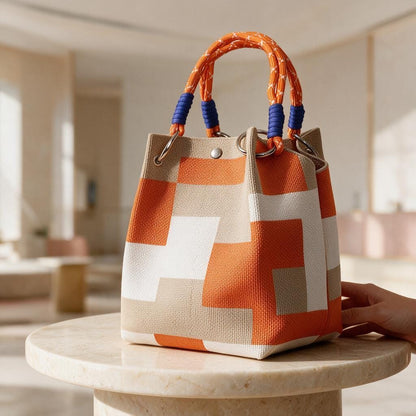 Geometric Tote Bag, Orange Beige Canvas Handbag, Woven Shoulder Bag, Color Block Purse, Rope Handle Bag, Everyday Summer Tote