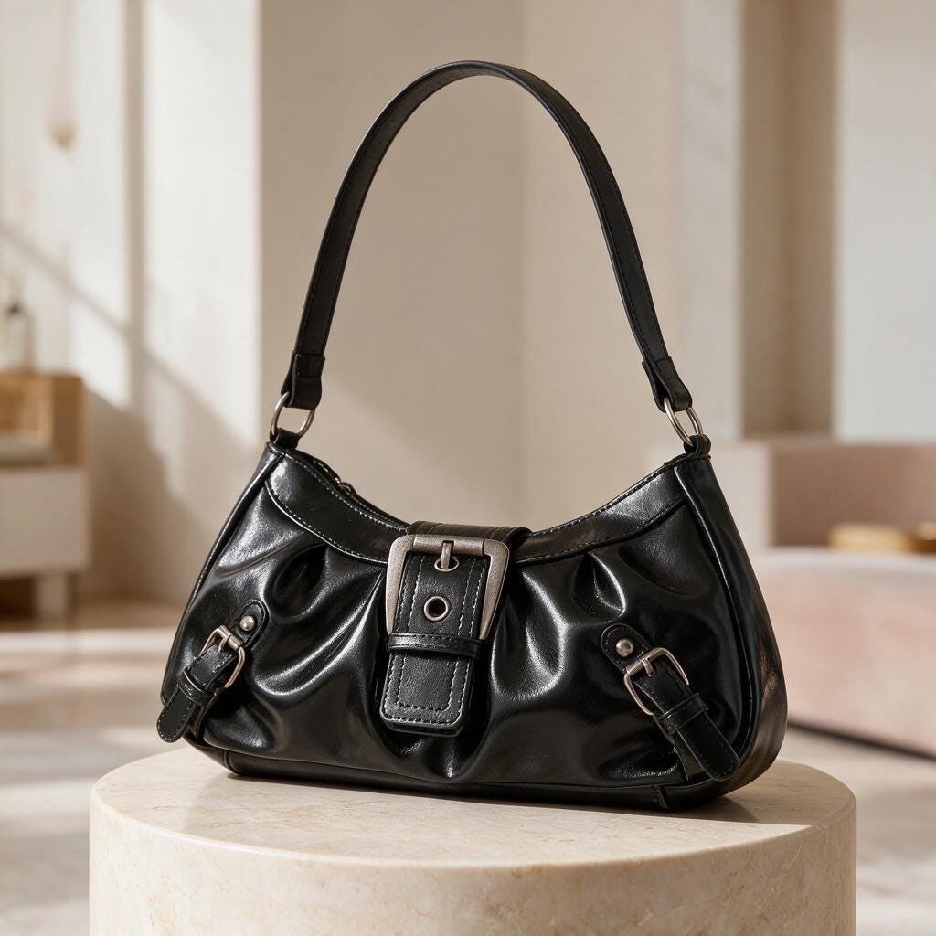 Black Buckle Shoulder Bag, Y2K Baguette Purse, Glossy Handbag, Retro Small Bag