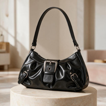 Black Buckle Shoulder Bag, Y2K Baguette Purse, Glossy Handbag, Retro Small Bag