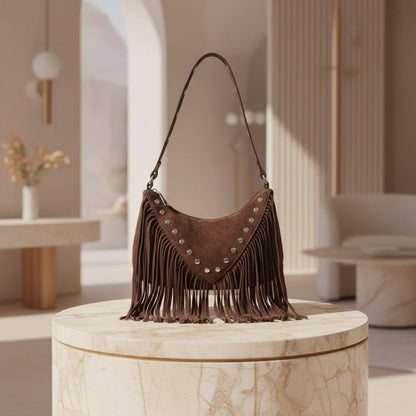 Brown Fringe Shoulder Bag, Boho Purse, Western Fringe Bag, Studded Hobo Bag, Festival Handbag