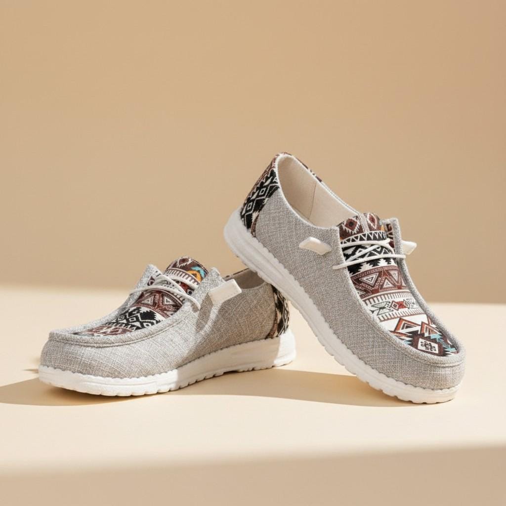 Aztec Print Moccasin Shoes for Women, Gray Geometric Lace Up Casual Flats