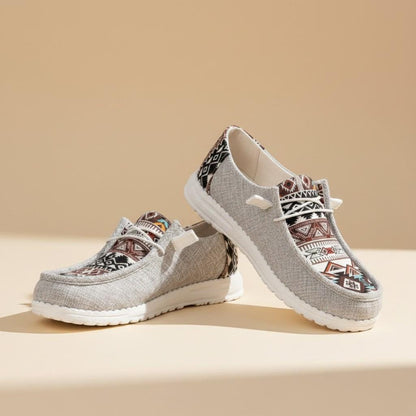 Aztec Print Moccasin Shoes for Women, Gray Geometric Lace Up Casual Flats