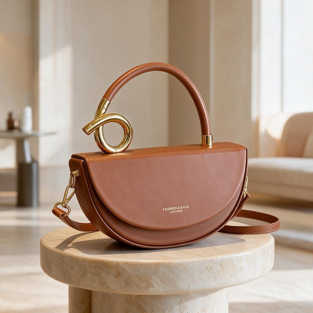 Brown Half Moon Shoulder Bag, Structured Top Handle Purse, Crescent Crossbody Handbag, Caramel Everyday Bag, Gold Accent Purse