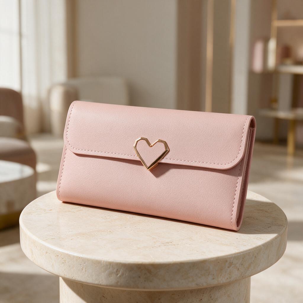 Pink Heart Clasp Wallet, Long Womens Wallet, Elegant Flap Purse