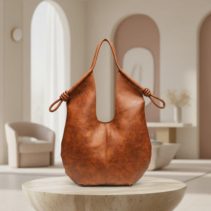 Brown Hobo Shoulder Bag, Slouchy Large Purse, Cognac Everyday Handbag, Boho Shoulder Bag, Knot Detail Tote, Women's Bag