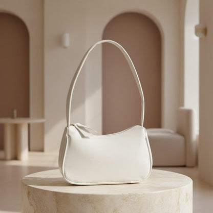 White Baguette Shoulder Bag, Minimalist Y2K Purse, Small White Handbag, Curved Underarm Bag, Women's Everyday Bag