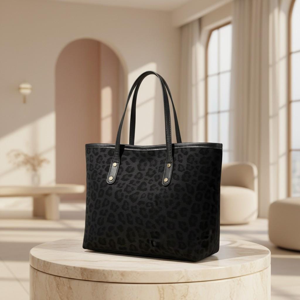 Leopard Print Tote Bag, Black Animal Print Handbag, Leopard Shoulder Bag, Large Everyday Tote, Matching Pouch, Women's Purse