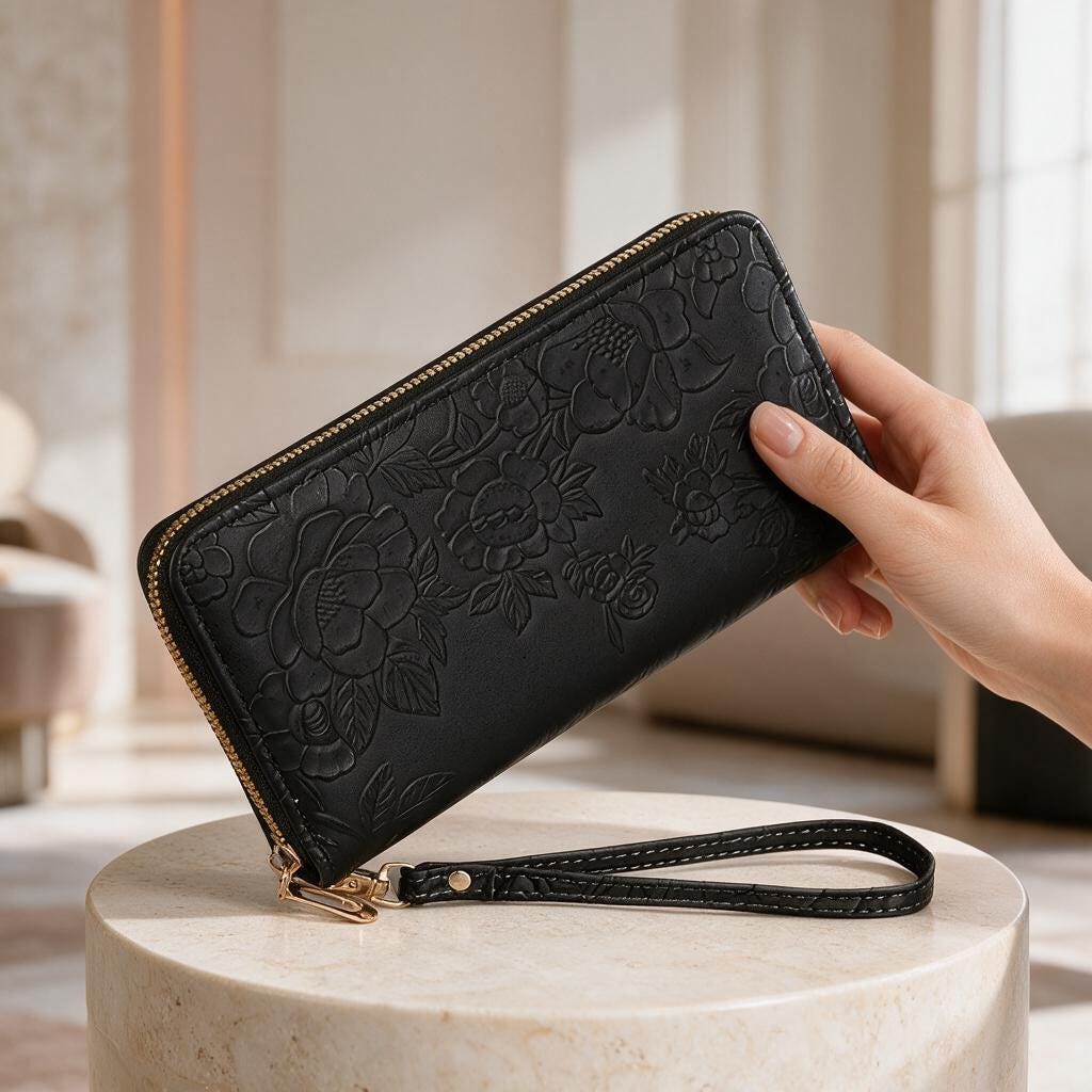 Black Floral Wristlet Wallet, Embossed Zip Wallet for Women, Elegant Purse