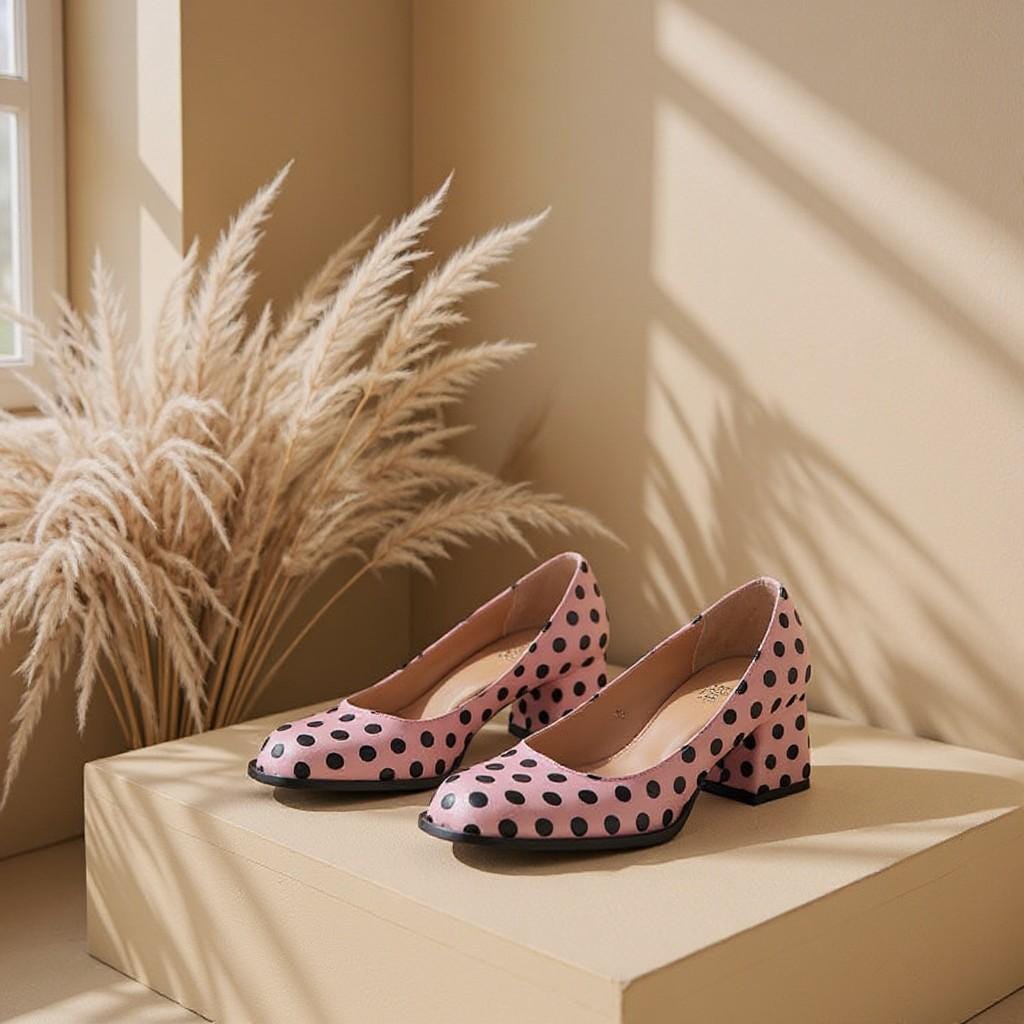 Pink Polka Dot Heels, Retro Block Heel Pumps, Black Spot Dress Shoes