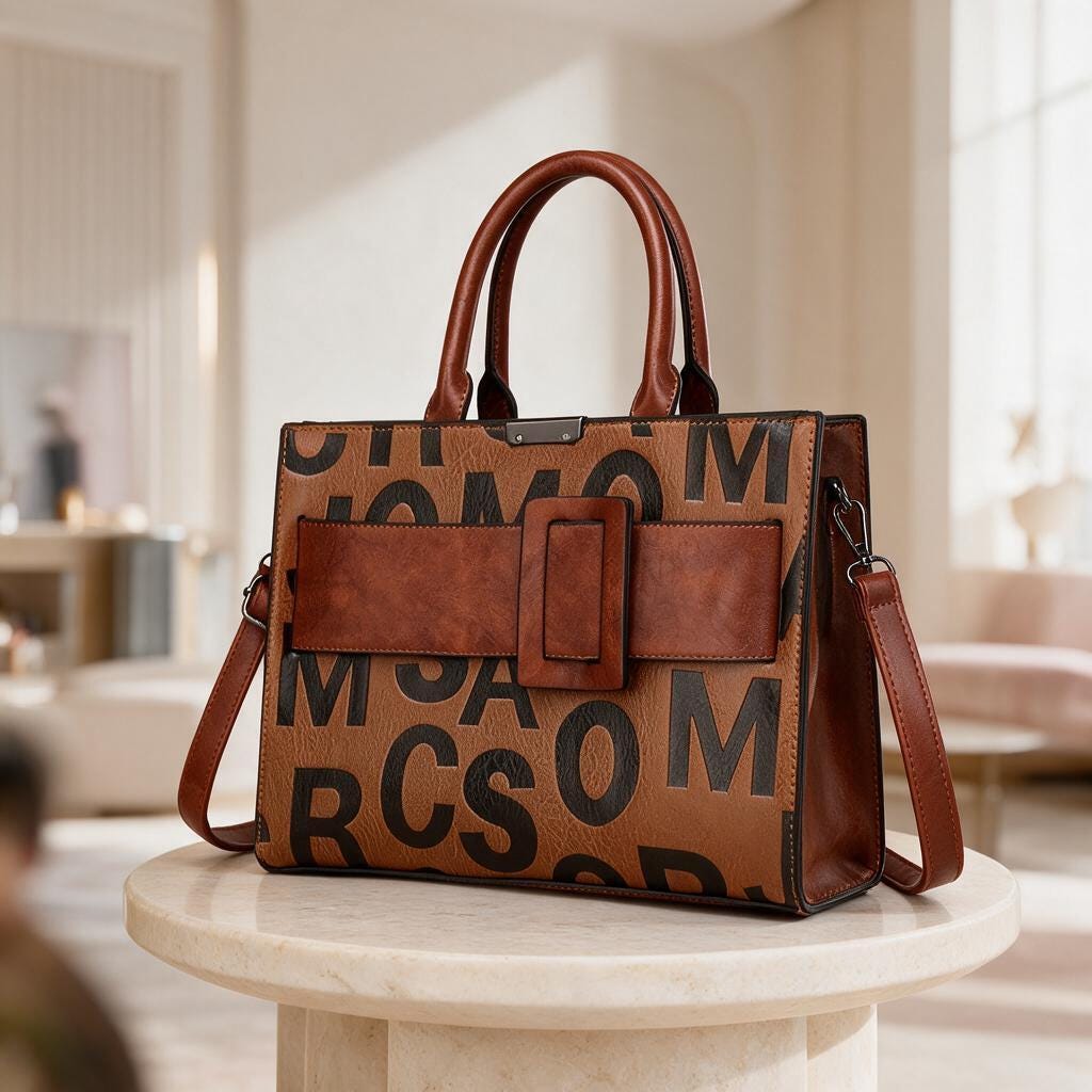 Brown Letter Print Handbag, Structured Satchel Purse, Top Handle Shoulder Bag, Buckle Detail Crossbody Bag, Women's Tote