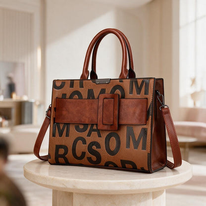 Brown Letter Print Handbag, Structured Satchel Purse, Top Handle Shoulder Bag, Buckle Detail Crossbody Bag, Women's Tote