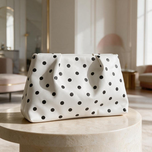 Black White Polka Dot Clutch Bag, Foldover Purse, Retro Y2K Evening Bag, White Statement Handbag, Cute Party Clutch