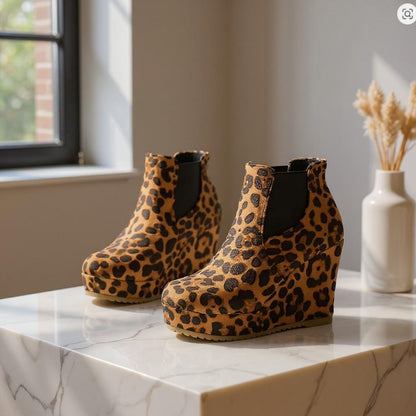 Leopard Wedge Boots, Platform Chelsea Ankle Boots, Chunky Animal Print Shoes