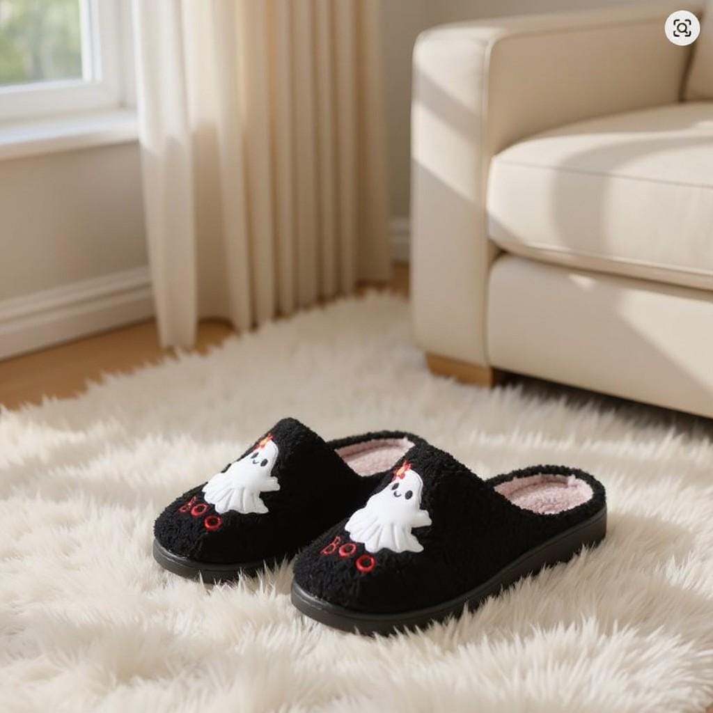Halloween Ghost Slippers, Black Fuzzy House Shoes, Spooky Cozy Slippers