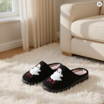 Halloween Ghost Slippers, Black Fuzzy House Shoes, Spooky Cozy Slippers