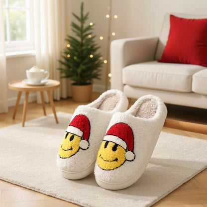 Santa Hat Slippers, Fuzzy Christmas House Shoes, Plush Holiday Slippers