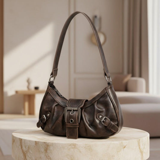 Vintage Brown Shoulder Bag, Y2K Hobo Purse, Retro Buckle Handbag, Dark Brown Everyday Bag