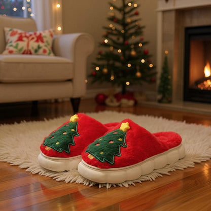 Christmas Tree Slippers, Red Fuzzy House Shoes, Cozy Holiday Slippers
