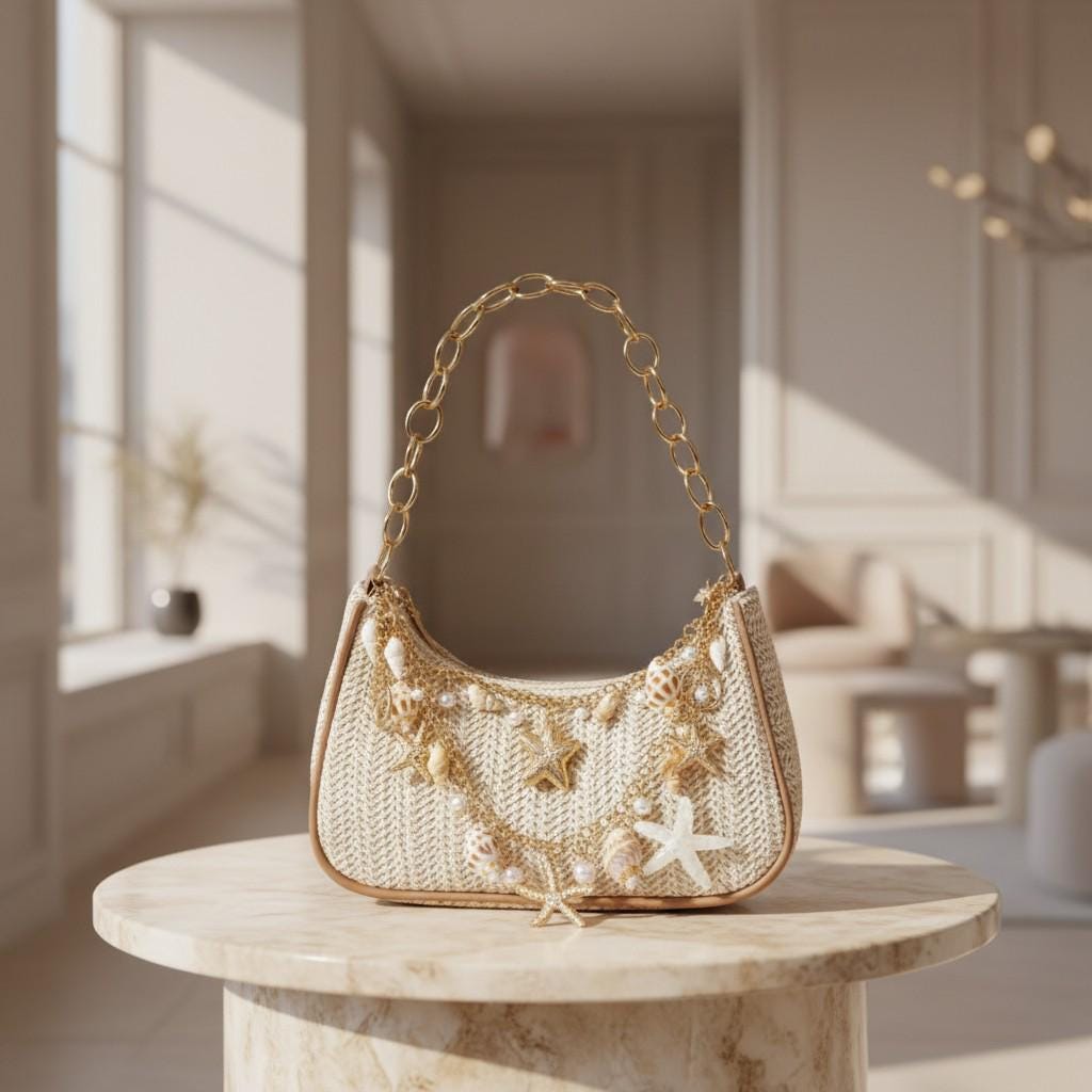 Seashell Shoulder Bag, Coastal Crochet Purse for Women, Beach Bag with Starfish Charms, Summer Handbag